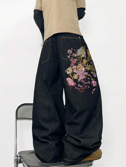 1件 Hearty Haven 休闲宽松多色刺绣直筒牛仔裤，男士款，舒适街头风，四季皆宜