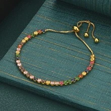 925纯银、黄金、玫瑰金和彩色立方氧化锆：时尚优雅的女士订婚手链 - 金色 - 查看 2