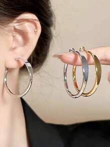 一对银金相间的大圆环耳环，奢华优雅的个性化大圆环耳环，独特精美的厚实素面金属首饰，女士款 - 圓圈耳環 - 查看 4