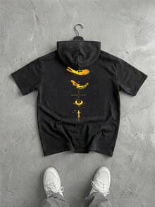 简约男士夏季水洗做旧复古休闲短袖连帽T恤 - 黑色 - 查看 1