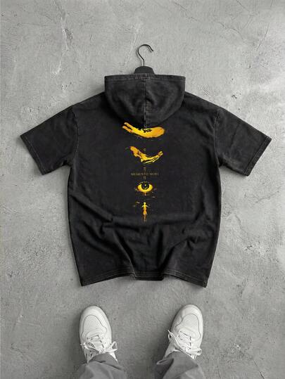 简约男士夏季水洗做旧复古休闲短袖连帽T恤