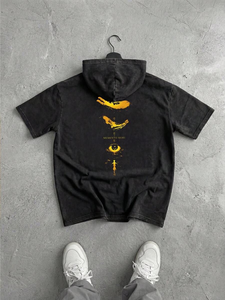 简约男士夏季水洗做旧复古休闲短袖连帽T恤 - 黑色 - 查看 1