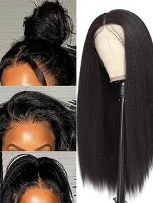 优雅Yaki直发蕾丝前假发，180%密度，蓬松直发，4x4高清透明蕾丝，无胶假发，预先拔毛，带婴儿发，自然发际线，8-32英寸 - Natural Black - 查看 2