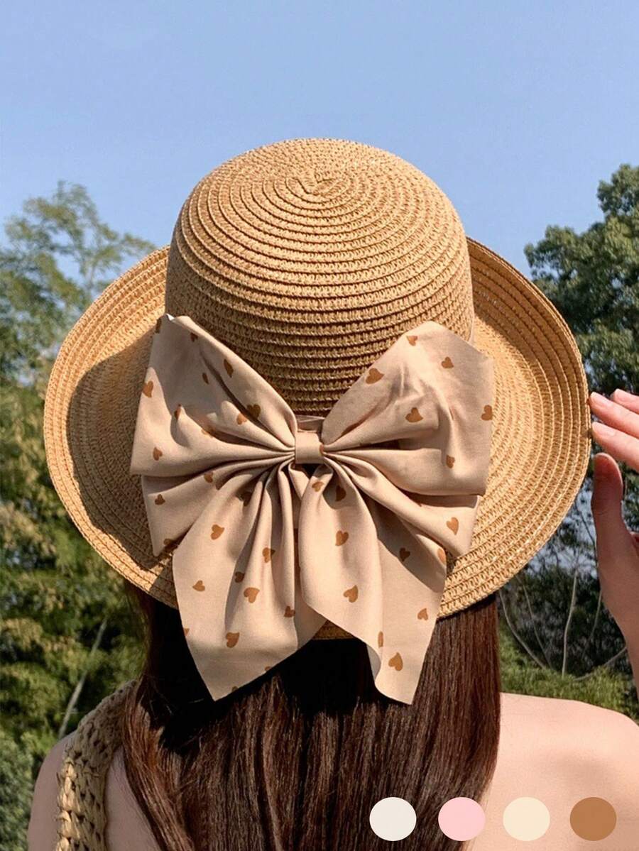 1 chiếc mũ rơm mùa hè mới hình trái tim và nơ, mũ rộng vành nhẹ chống nắng cho nữ, thích hợp cho kỳ nghỉ đi biển. - A - Xem 1