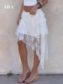 ARA CHIC Women's White Lace Asymmetric Ruffle Hem Skirt, Elegant Bohemian Style, Spring/Summer New Arrival - White - View 6