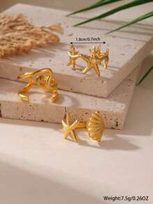 3件套时尚不锈钢海星开口戒指套装，18K镀金，适合女性日常、海滩、度假佩戴 - 彩色 - 查看 4