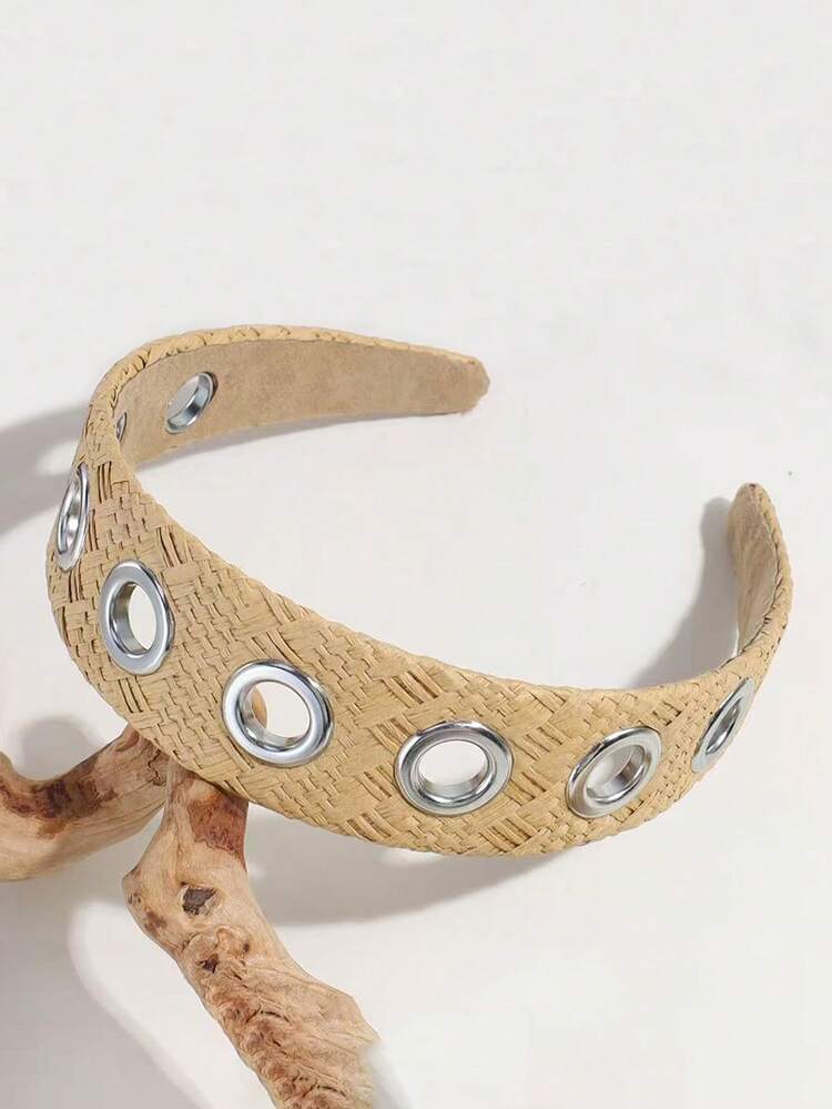 1 chiếc băng đô mùa hè kiểu Bohemian thanh lịch bằng rơm đan đính đinh tán kim loại, kiểu dáng rộng rãi, ngọt ngào, thích hợp để đeo hàng ngày và đi nghỉ mát ở bãi biển. - Nhiều màu - Xem 8