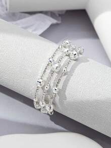 1pc Women's Luxury Elegant Faux Pearl & Crystal 3-Row Bracelet, Versatile For Party Wear - Silver - View 2