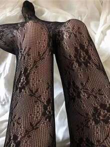 1双黑白蕾丝网眼连裤袜，女士提花连裤袜，适合春秋季穿着 - 彩色 - 查看 2