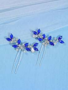 2pcs Women Elegant Crystal Tiaras & Hair Clips, Bridal Wedding Hair Accessories Valentine's Day Accessories - Xanh đậm - Xem 3