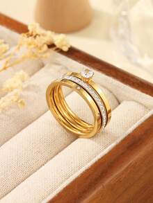 Bộ 3 chiếc nhẫn thép không gỉ kiểu dáng tối giản màu vàng, đính đá pha lê trắng, thích hợp cho nữ đeo hàng ngày hoặc làm quà tặng. - Vàng - Xem 9
