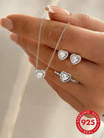 Winglove 1pc/Set 925 Sterling Silver Heart-Shaped Full Diamond Necklace, Ring, Earrings Jewelry Set, Elegant Gift For Women, Valentine's Day