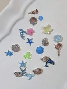 1 Stück Nagelkunst Form im Ozean-Thema, Muschel, Seestern, Delfin, Palme, 3D geschnitzte Nageldekoration, unverzichtbares Werkzeug für Nageltechniker - Transparent - Übersicht 7