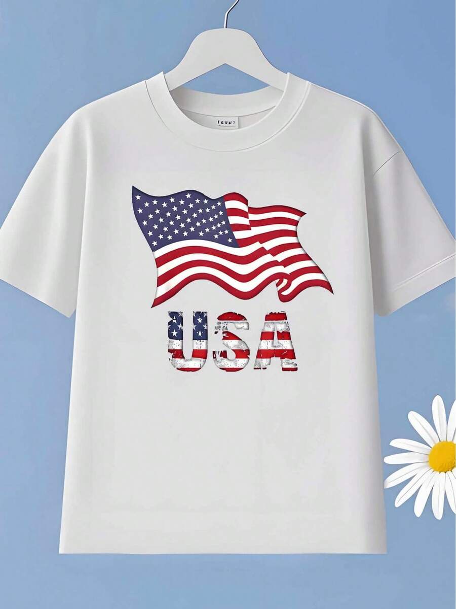 1pc Independence Day Kids' American Flag Print White T-Shirt| Crew Neck, Casual Tee, Medium Stretch Knit Fabric, Regular Fit For Boys & Girls, Alphabet Pattern, Perfect For Spring/Summer/Fall, Labor Day, Veterans Day - 白色 - 查看 1