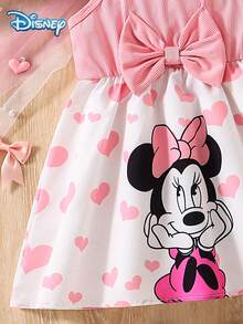 Disney 迪士尼夏季女童米妮爱心印花可爱无袖吊带连衣裙，儿童休闲假日爱心印花3D大蝴蝶结沙滩度假百搭连衣裙 - 粉色 - 查看 6
