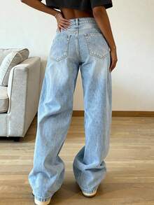 Quần jeans nữ ống đứng dáng rộng, phong cách retro thường ngày. - Rửa trung bình - Xem 4