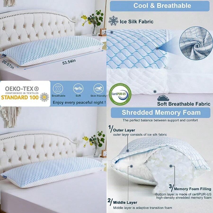 Gehannah - Almohada corporal para adultos espuma viscoelástica triturada y funda de enfriamiento con cierre almohada larga para dormir almohadas de cama para dormir de lado - Blanco - Ver 1