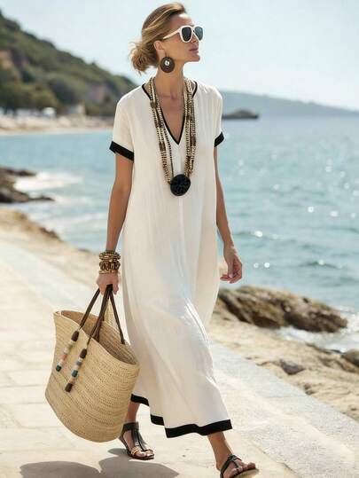 Women's Casual Conservative Color Block Trim Long Loose V-Neck Dress, Minimalist Style For Beach Vacation, Spring Elegant White Summer