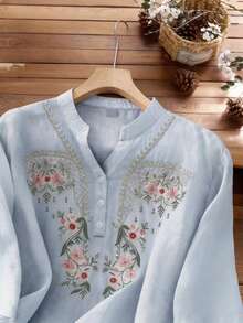 Women's Floral Embroidered V-Neck Loose 3/4 Sleeve Blouse - Blue - View 3