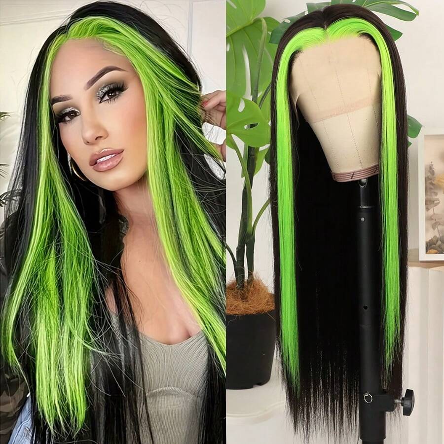 13X4 Pink & Brown Lace Front Wigs Pre Plucked Soft Free Part Long Straight Wigs Glueless Pink Skunk Stripe Wig Wear And Go Wig Heat Resistant Fiber Hair Synthetic Lace Front Wigs For Fashion Women For Daily Christmas Party Cosplay Use - 挑染綠色 - 查看 1