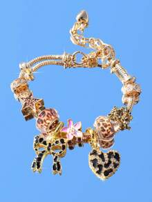 1件豹纹蝴蝶结爱心吊坠手链，豹纹蝴蝶结樱花手链，豹纹星星DIY手链，时尚豹纹金手链 - 金色 - 查看 11