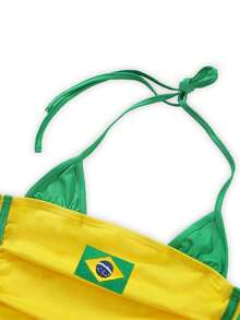 Top de tirantes finos con diseño de color contrastante, patrón a rayas con tirantes de color contrastante, top de tirantes con patrón de la bandera de Brasil - Amarillo - Ver 4