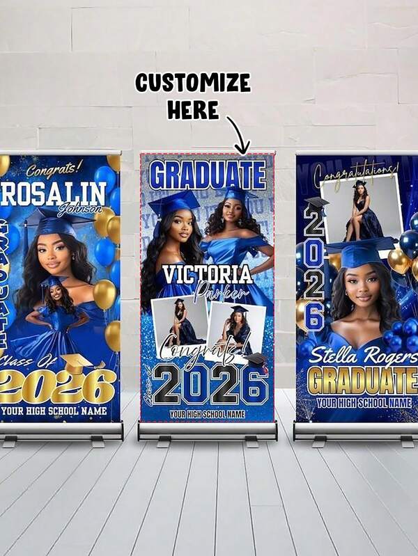 1/3 Pieces Set Custom Graduation Party Banners - Class Of 2026 Blue & White Theme Series: Grand Entrance Backdrops, Exclusive Class Of 2026 Tributes, Welcome Signs, Graduation Congratulatory Messages, Prom Welcome Backdrops, And Prom-Themed Prints.