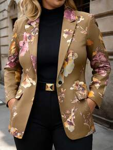 HOMEYEE Floral Print Long Sleeve Blazer Jacket With Pockets, Vintage Elegant Casual Suitable For All Seasons, Plus Size Vacation - 卡其色 - 查看 7