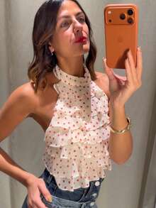 Áo croptop chấm bi mùa hè cổ yếm, hở vai, lưng trần, nhiều lớp cho nữ, trang phục dự tiệc lễ hội mùa xuân, câu lạc bộ, tiệc tùng, màu hồng phong cách Y2K dễ thương. - Màu Hồng baby - Xem 2
