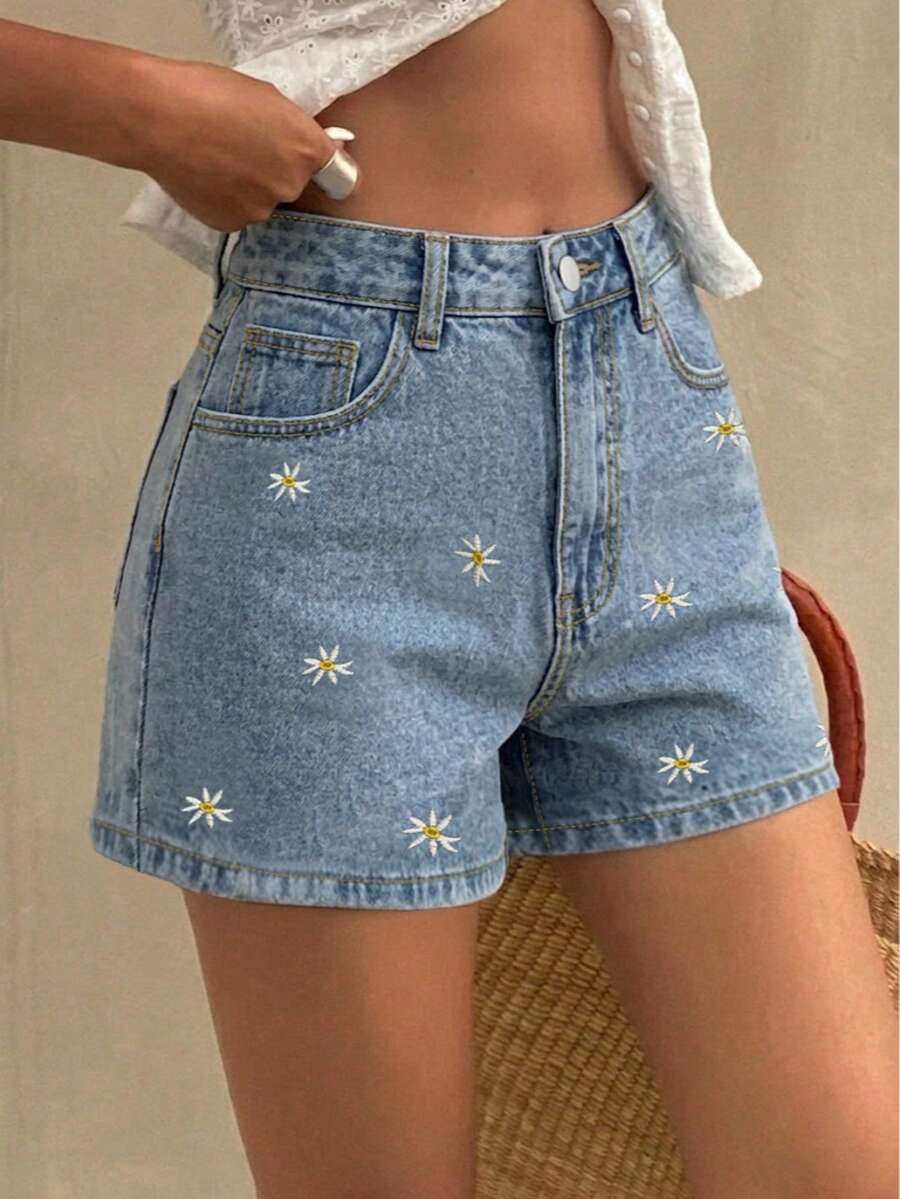 Quần short denim màu xanh nhạt bạc màu kiểu vintage thêu hoa dành cho nữ, quần short ống rộng thoải mái, kiểu dáng suông, thích hợp cho kỳ nghỉ hè. - Rửa nhẹ - Xem 1