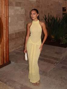 女士简约优雅无袖针织吊带连衣裙，时尚学院风，春夏款 - 黃色 - 查看 3