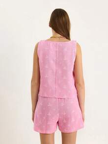 Women's Ladies Solid Color Top And Shorts Set Perfect For Vacation/Leisure - Pink - View 4