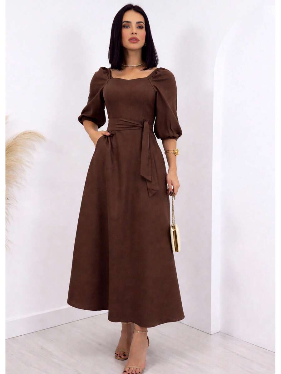 Women's Elegant Wide Dress With 3/4 Sleeve, A-Line Cut, Adjustable Waist And Square Neckline – Fashion Casual Chic Spring Summer Casual Elegant And Casual Fabric - 鏽棕色 - 查看 1