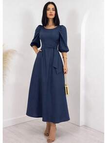 Women's Elegant Wide Dress With 3/4 Sleeve, A-Line Cut, Adjustable Waist And Square Neckline – Fashion Casual Chic Spring Summer Casual Elegant And Casual Fabric - Màu xanh hải quân - Xem 1