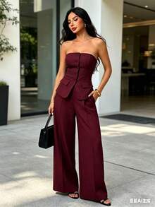 Strapless Bustier Set With Wide Leg Pants - Elegant Style For Women - Màu Đỏ Sâu - Xem 5