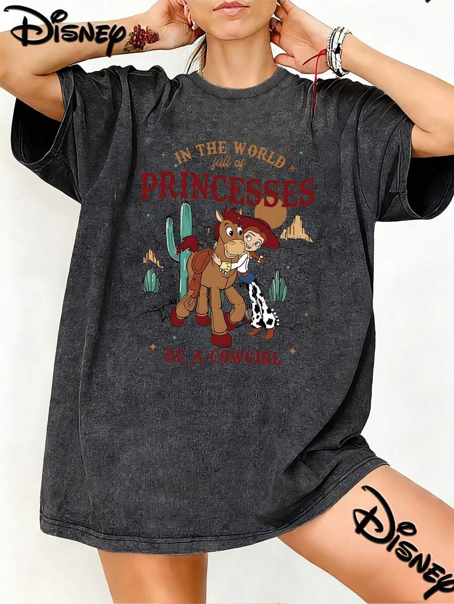 Disney Toy Story Jessie Be A Cowgirl Vintage Washed Black Oversized Cotton T-Shirt, Retro Western Loose Fit Tee For Women, Perfect For Disney Fans, Daily Wear & Gift - màu đen - Xem 1