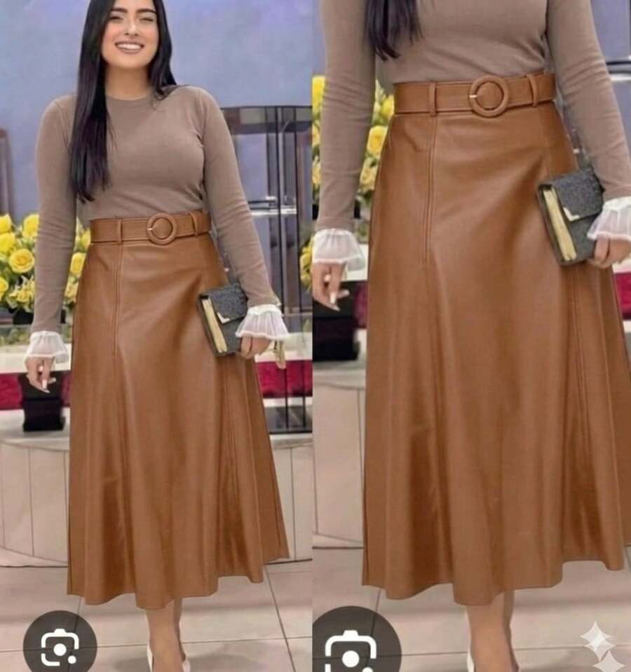 High-Waisted A-Line Midi Skirt – Elegant In Faux Leather, Stylish, Casual, Cute, Party, PU Leather, Side Zipper, Evening, Office, Wedding, Dating, Stage And Concert, Autumn And Winter - 摩卡棕 - 查看 1