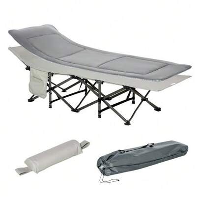 Camping Bed, Foldable Camp Bed With Pillow And Side Pocket, Mattress In Light Grey, Load Capacity Up To 150kg