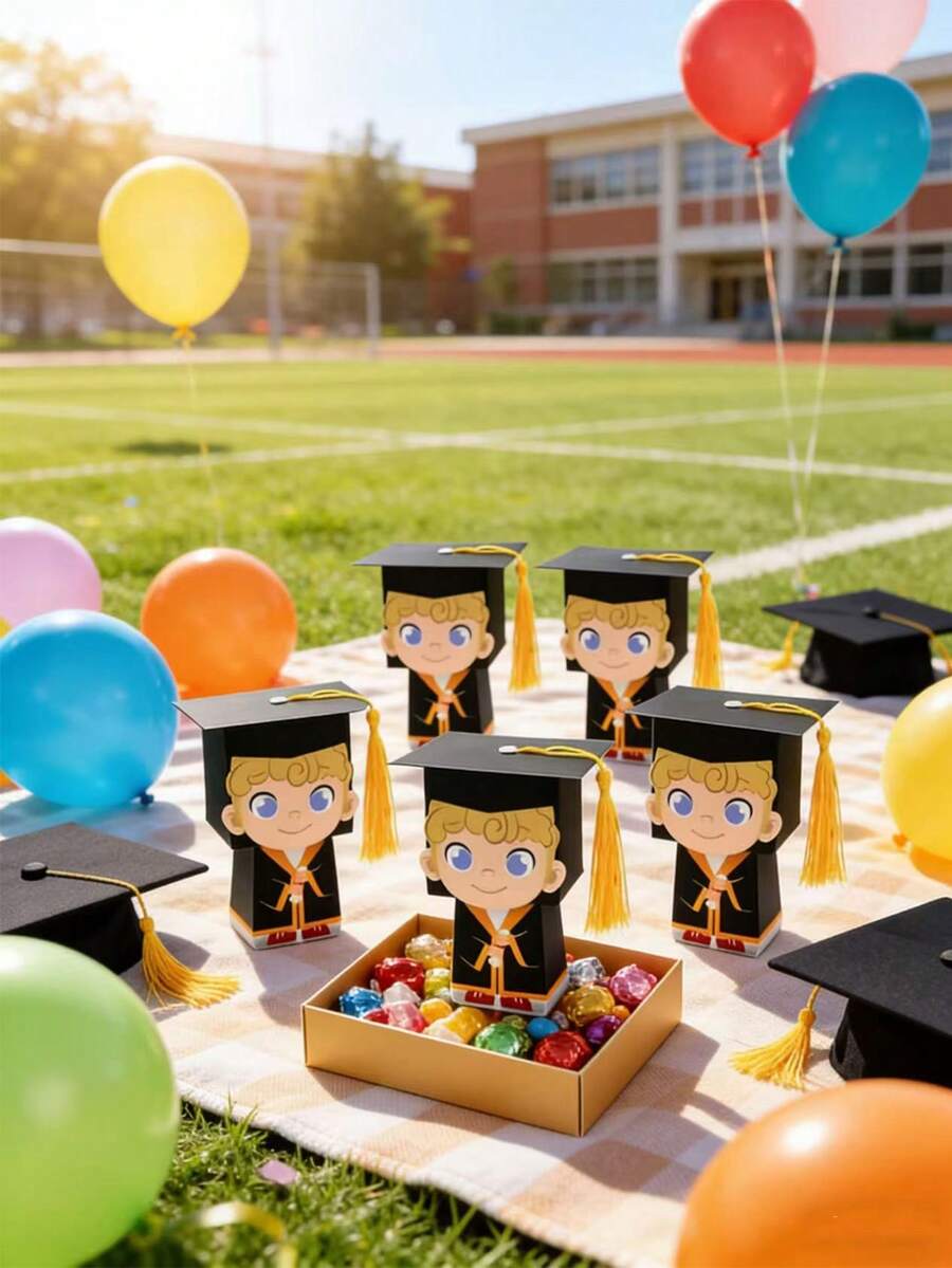 10pcs/Pack Graduation Party Favor Candy Box, Tassel Doctoral Cap Paper Box, 3D Cartoon Character Gift Box - View 1