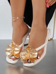 Summer Slip-On Sandals, Low Heel Floral One-Piece Open Toe Backless Slippers - Apricot - View 2