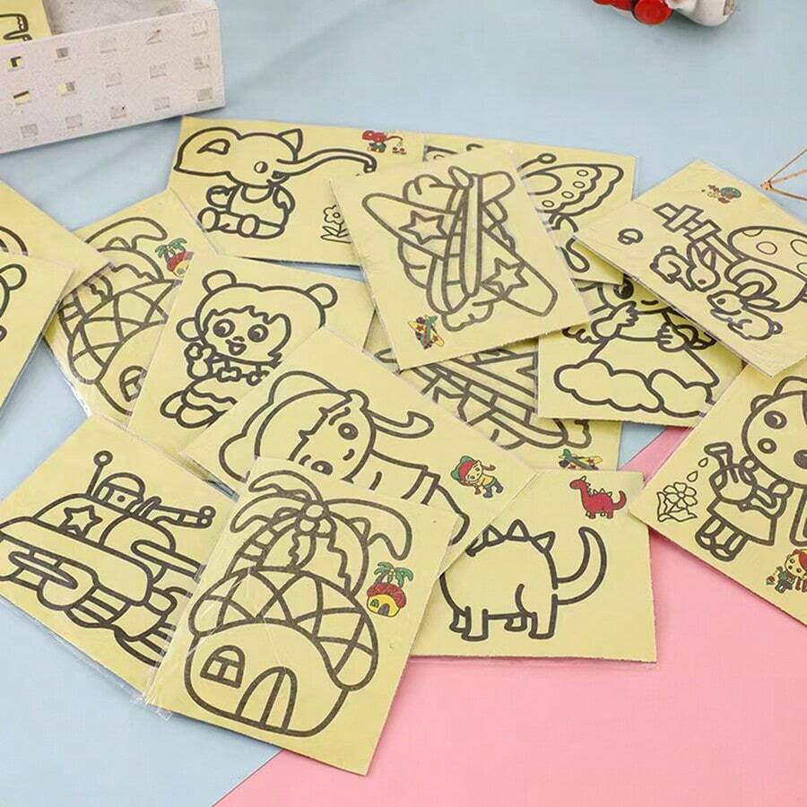 1/5/15/50片创意绘画着色沙画，DIY手工材料，卡通涂鸦艺术品礼物，返校/假期奖励，课堂手工项目（随机图案）（不含亮片+不含竹签）