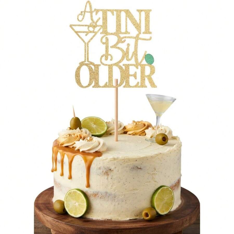 1pc Glitter Gold "A Tini Bit Older" Cake Topper, Funny Martini Birthday Cake Decoration, Shimmering Cocktail Theme Party Supplies, Elegant Birthday Cake Sign For Women & Men - A Tini Bit Older - View 1