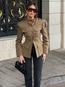 Áo khoác nữ thời trang dáng ôm vừa vặn cổ đứng - Màu Khaki - Xem 4