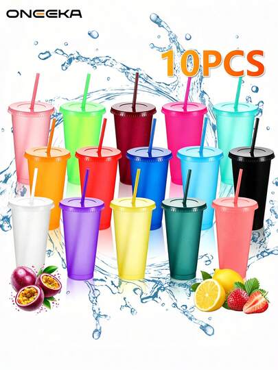 10 Vasos Reutilizable De 24 Oz 10 Colores + Tapa + Popote,adecuado para uso doméstico, fiestas, campamentos al aire libre, fiestas navideñas.