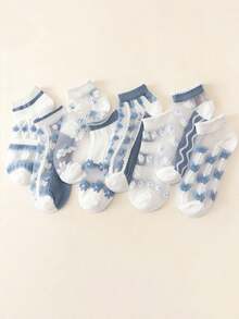 1/5 Pairs Random Transparent Blue & White Floral Low-Cut Socks, Breathable Invisible Socks, Suitable For Spring & Summer - Multicolor - View 4