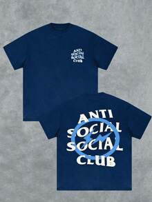 Cotton Double-Sided Printed, Anti Social Club Printed T-Shirt, Suitable For Daily Wear, Casual Summer Wear, Slightly Elastic, Breathable, Outdoor Holiday Sports, Gift T-Shirt, Holiday Gift, Perfect Gift. - 藏青色2 - 查看 3