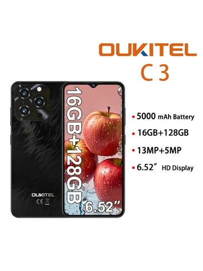  OUKITEL C3 安卓 14 系统手机，2025 年款，16GB+128GB 存储，6.52 英寸水滴屏，5000mAh 电池，1300 万像素摄像头，八核处理器，支持指纹识别、3.5mm 耳机孔和 GPS。