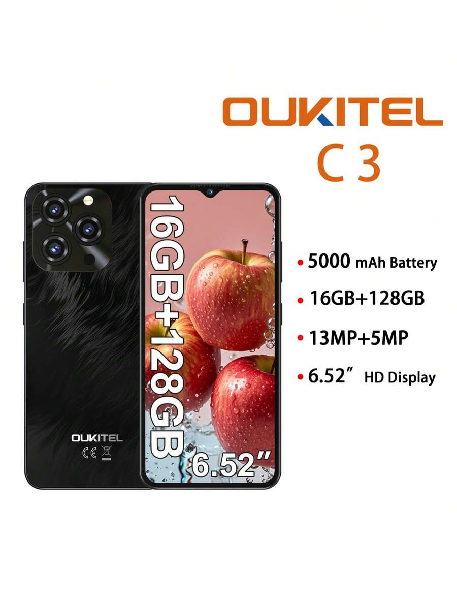 OUKITEL C3 Android 14 解鎖手機 2025-16GB+128GB,6.52 吋水滴螢幕,5000mAh 電池智慧型手機,13MP 相機,八核心,指紋辨識/3.5mm 耳機孔/GPS - 黑色 - 查看 1