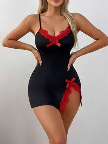 Color-Blocked Lace Camisole Nightgown With A V-Neck And Side Slit, Made From Soft And Comfortable Fabric, Suitable For Women As Sleepwear Or A Dress - Black - View 4