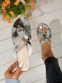 2026 Summer New Ink Gradient Thick Heel Slippers For Women, Metal Buckle Hollow Lacquered Leather Mid-Heel Sandals For Beach, Resort, Elegant, Preppy, Party, Vacation, Casual, Bohemian, Cute, PU Leather, Hollow Buckle, Beach, Holiday, Wedding, Party, Office, Home, Outdoor, Summer, Autumn - Black - View 6